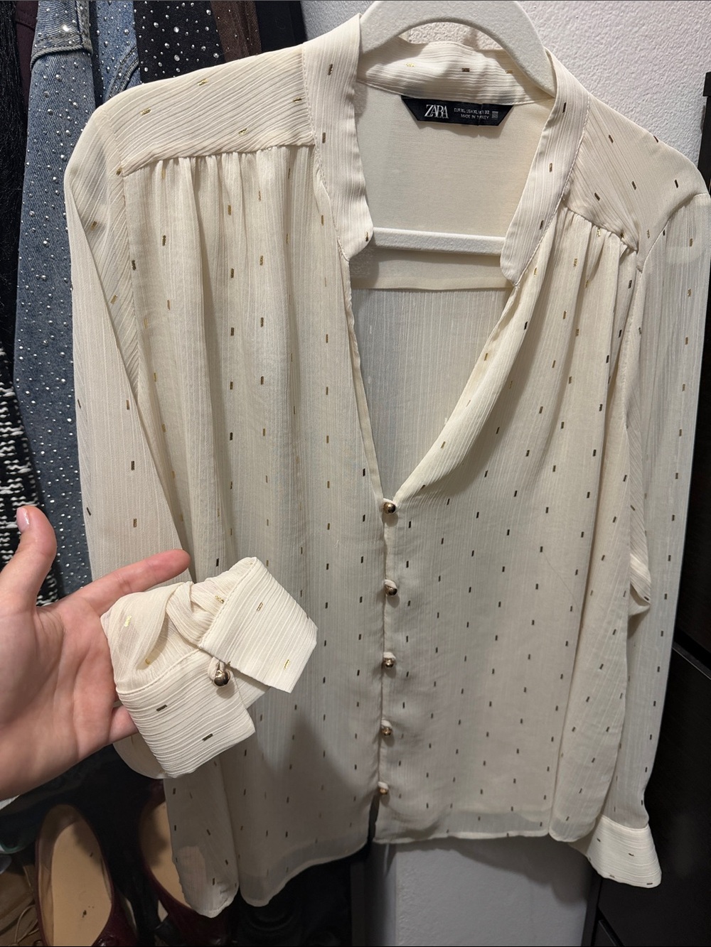 Zara Cream Button-Down Blouse with Gold Dot Detail